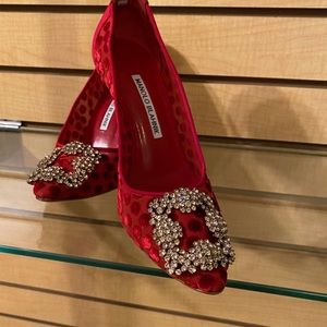 Manolo Blahnik Hangisi Red Polka Dot Sheer Pump